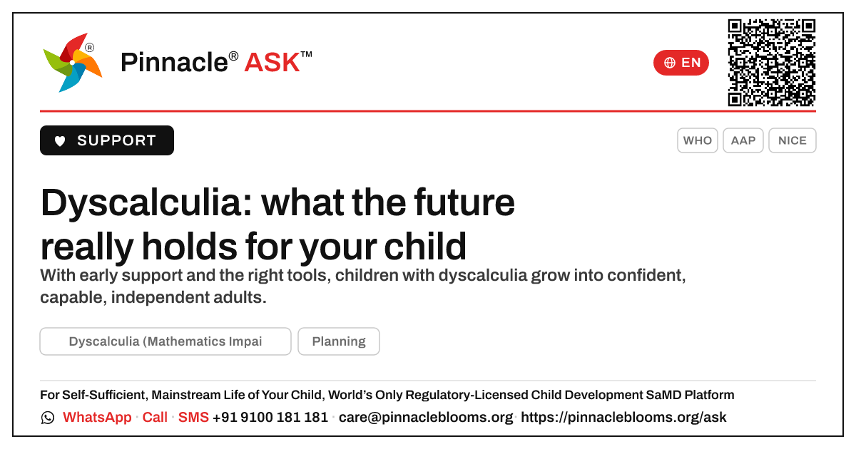 What can I expect as my child with dyscalculia grows up? — Pinnacle Ask answer card with a short explanation and QR link