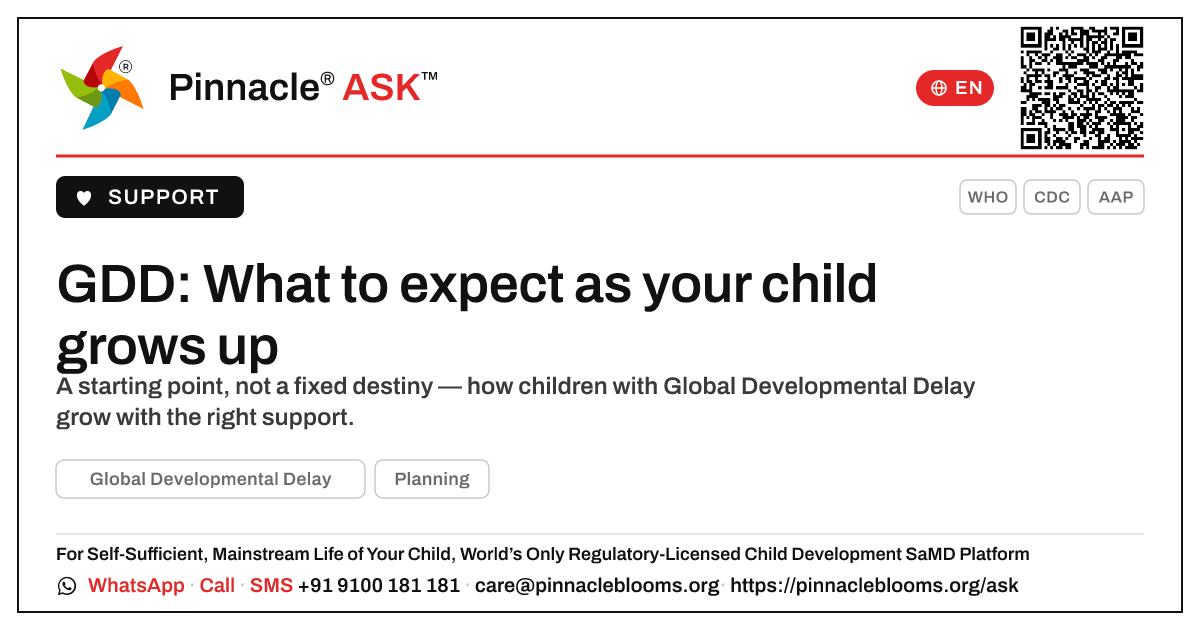 What can I expect as my child with Global Developmental Delay grows up? — Pinnacle Ask answer card with a short explanation and QR link