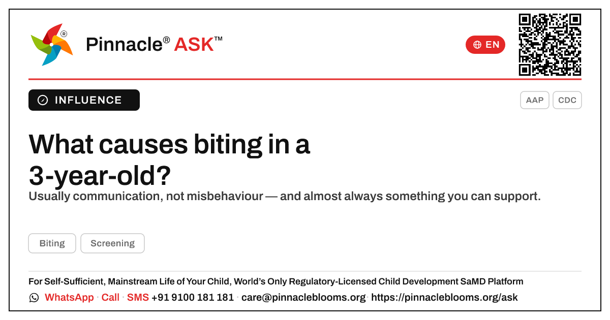What causes biting in a 3-year-old? — Pinnacle Ask answer card with a short explanation and QR link