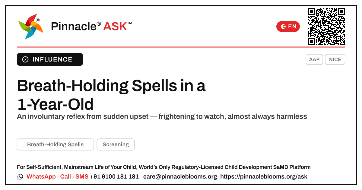 What causes breath-holding spells in a 1-year-old? — Pinnacle Ask answer card with a short explanation and QR link