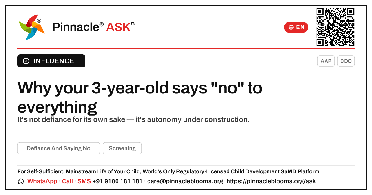 What causes defiance and saying no in a 3-year-old? — Pinnacle Ask answer card with a short explanation and QR link