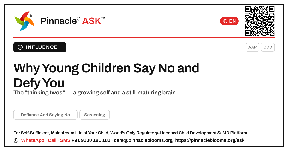 What Causes Defiance and Saying No in Young Children? — Pinnacle Ask answer card with a short explanation and QR link