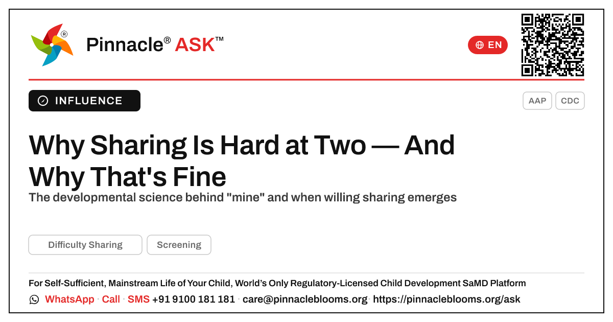What causes difficulty sharing in a 2-year-old? — Pinnacle Ask answer card with a short explanation and QR link