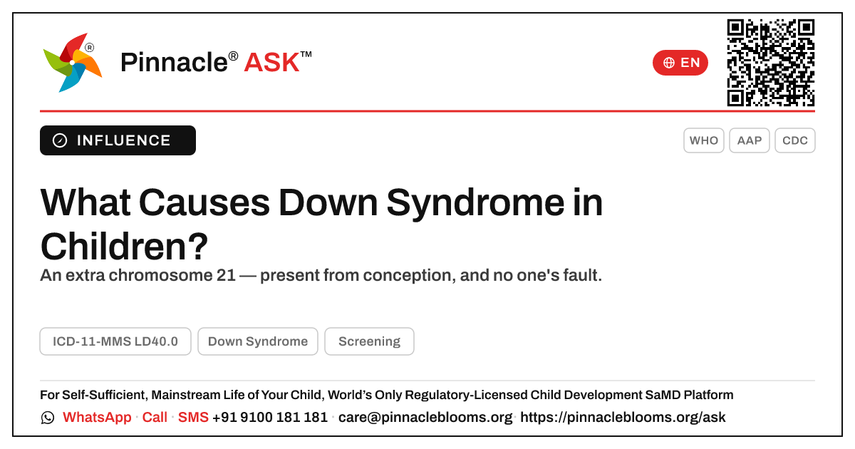 What Causes Down Syndrome in Young Children? — Pinnacle Ask answer card with a short explanation and QR link