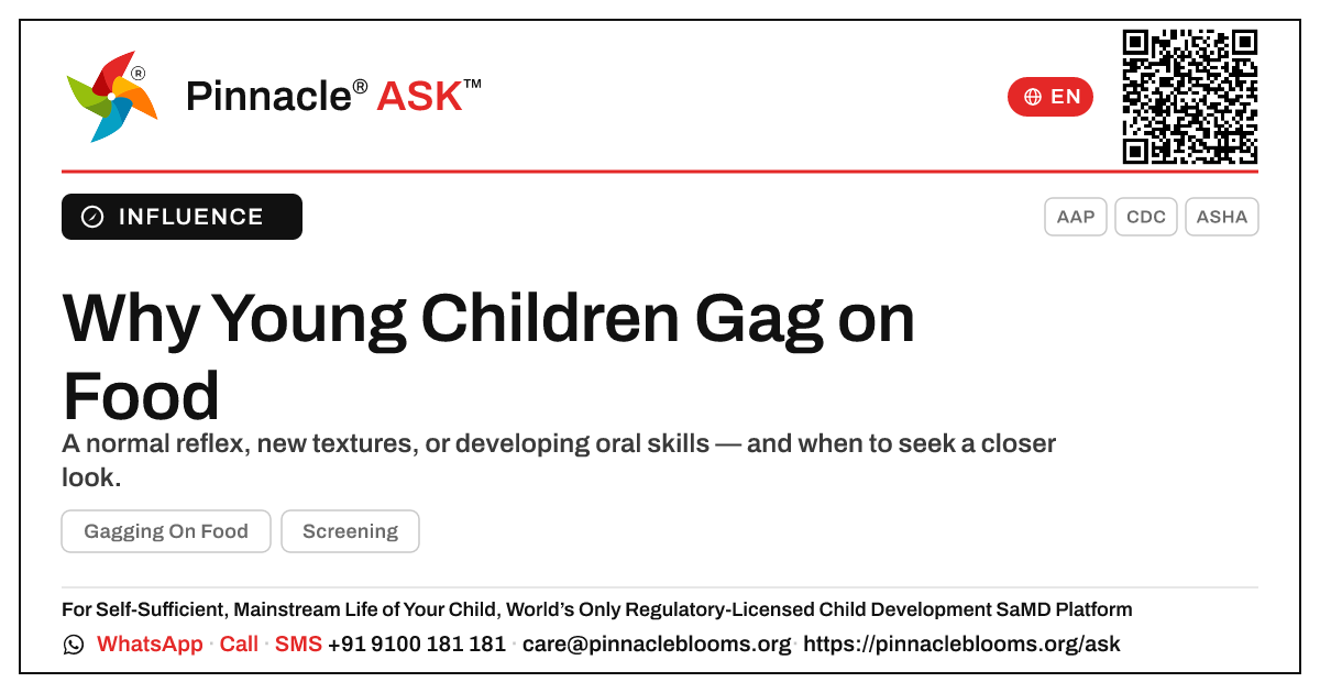 What Causes Gagging on Food in Young Children? — Pinnacle Ask answer card with a short explanation and QR link