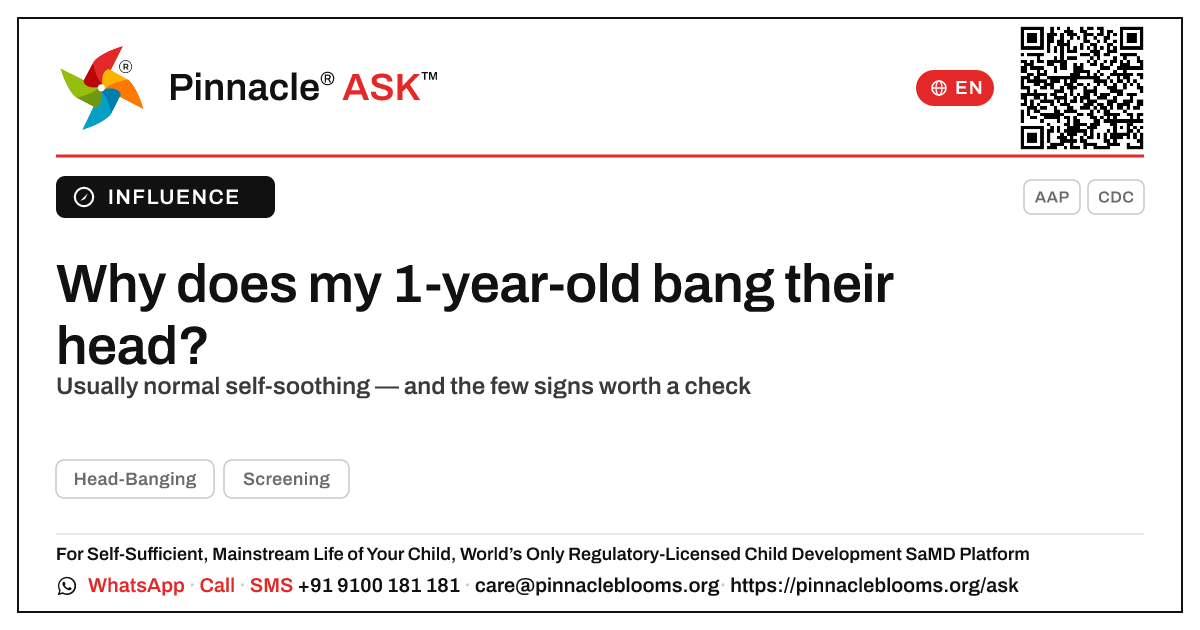 What causes head-banging in a 1-year-old? — Pinnacle Ask answer card with a short explanation and QR link