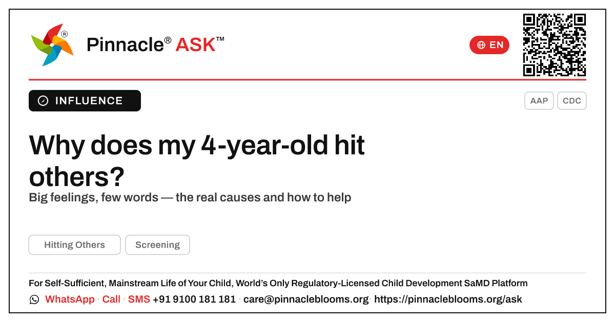 What causes hitting others in a 4-year-old? — Pinnacle Ask answer card with a short explanation and QR link