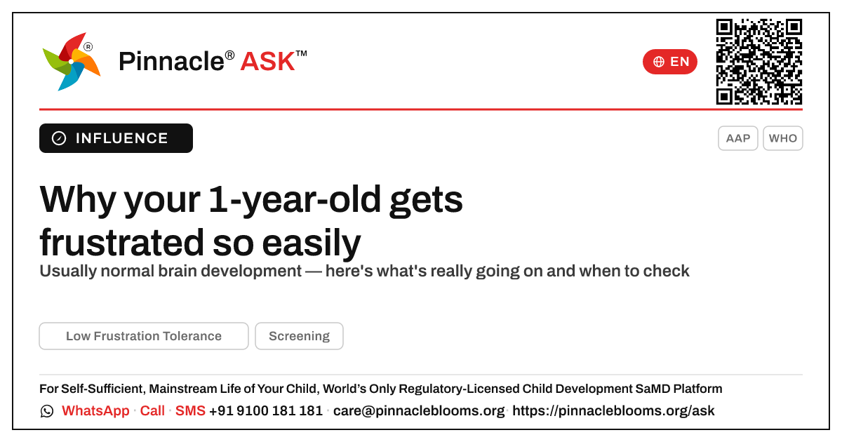 What causes low frustration tolerance in a 1-year-old? — Pinnacle Ask answer card with a short explanation and QR link