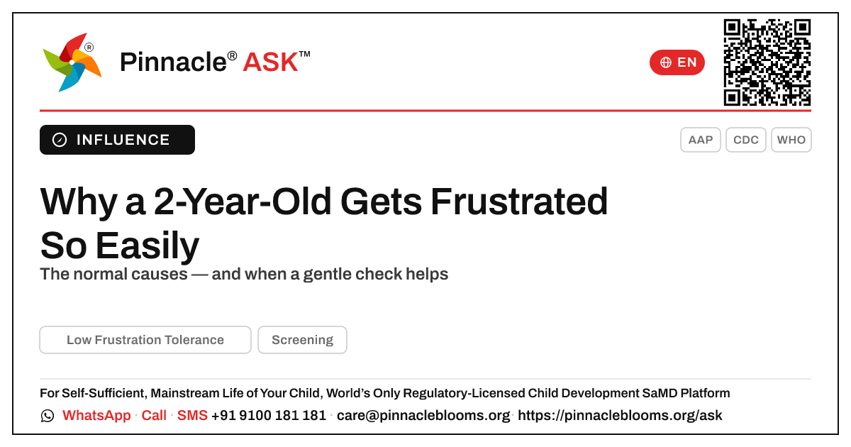 What causes low frustration tolerance in a 2-year-old? — Pinnacle Ask answer card with a short explanation and QR link