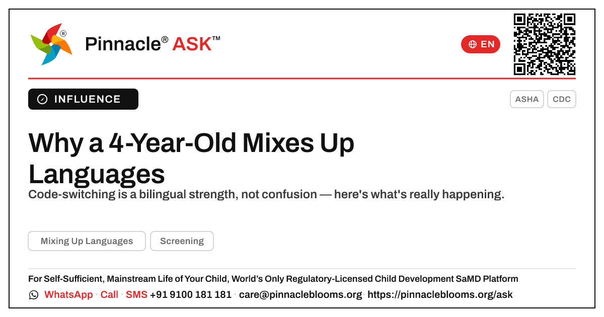 What causes mixing up languages in a 4-year-old? — Pinnacle Ask answer card with a short explanation and QR link