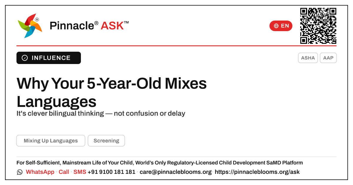 What causes mixing up languages in a 5-year-old? — Pinnacle Ask answer card with a short explanation and QR link
