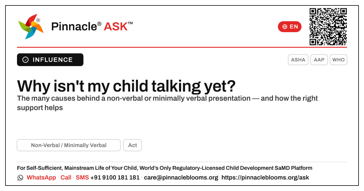 What causes non-verbal / minimally verbal presentation? — Pinnacle Ask answer card with a short explanation and QR link