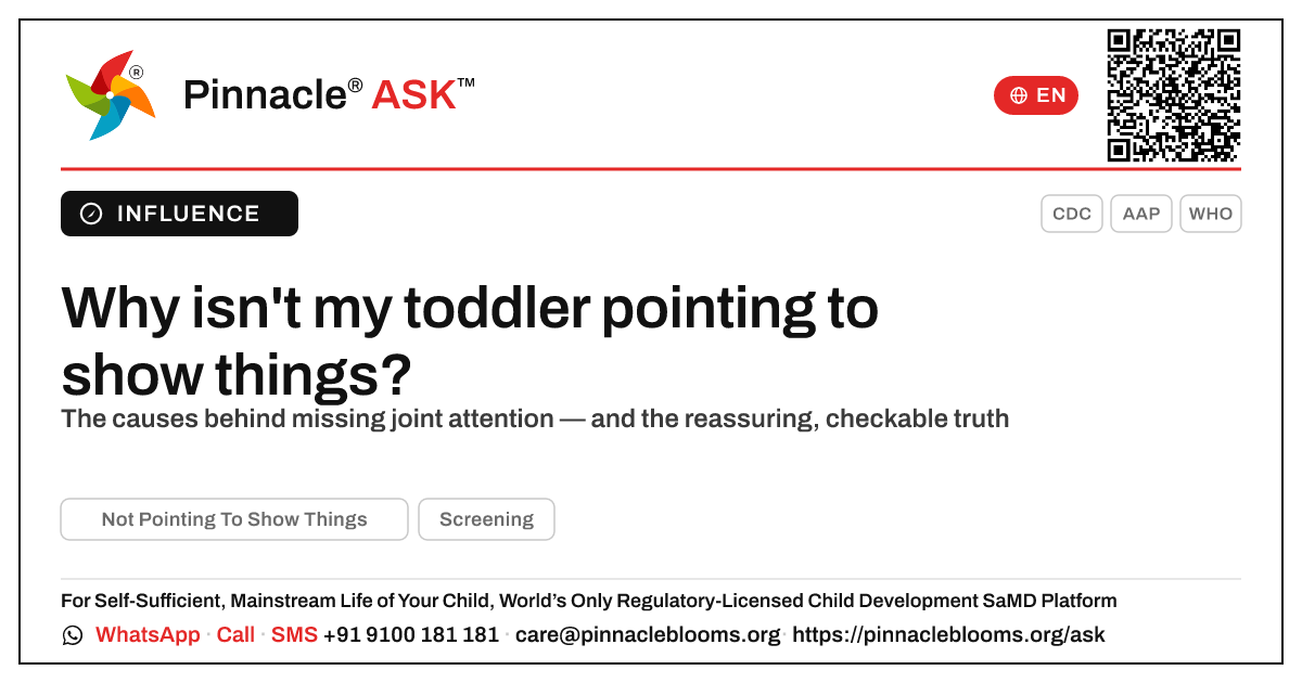 What causes not pointing to show things in young children? — Pinnacle Ask answer card with a short explanation and QR link