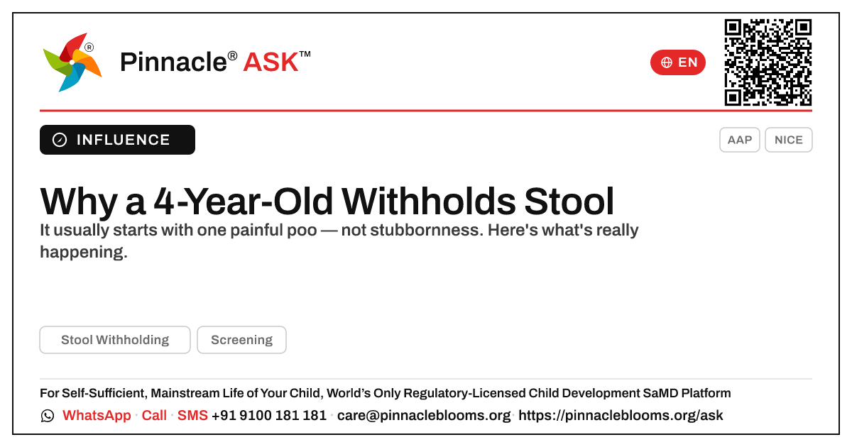 What causes stool withholding in a 4-year-old? — Pinnacle Ask answer card with a short explanation and QR link