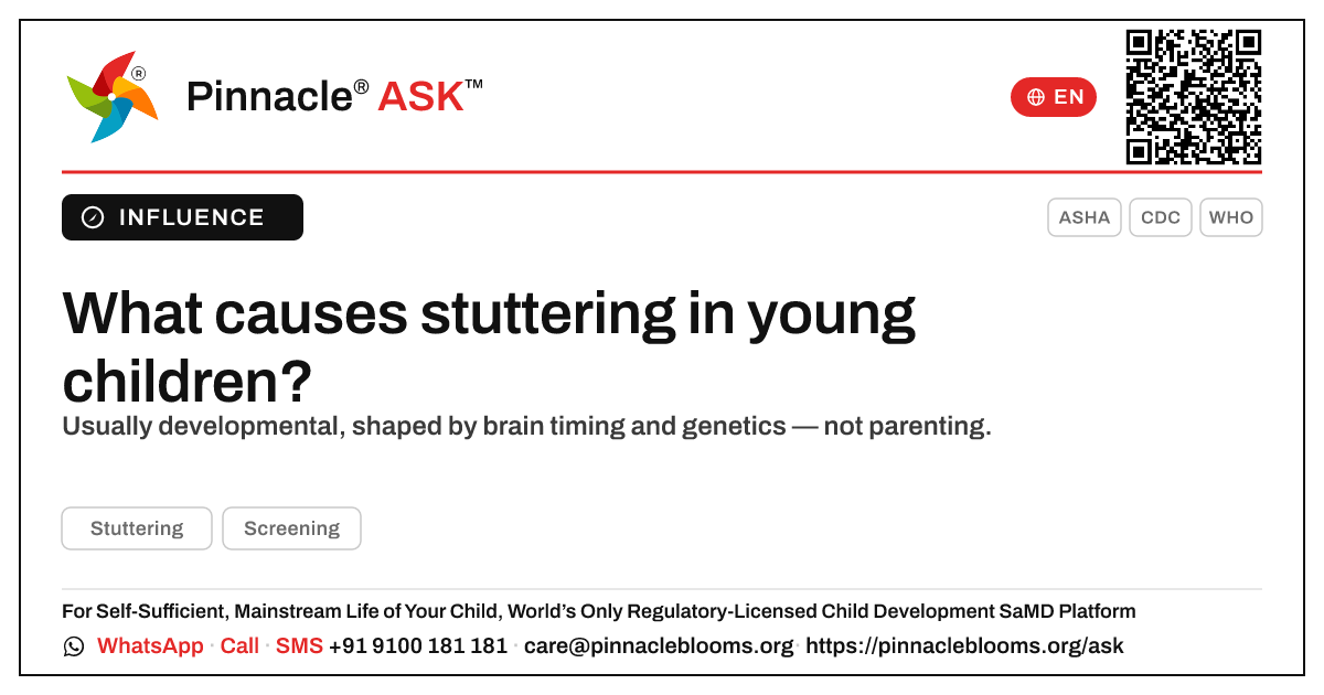 What causes stuttering in young children? — Pinnacle Ask answer card with a short explanation and QR link