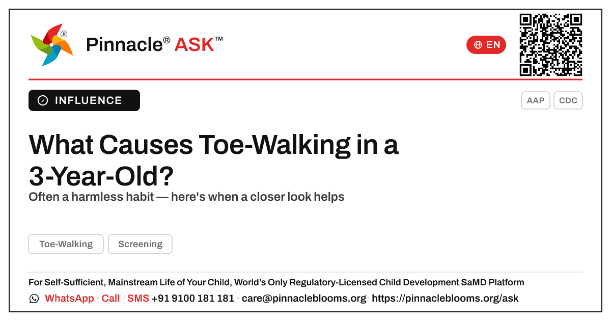 What Causes Toe-Walking in a 3-Year-Old? — Pinnacle Ask answer card with a short explanation and QR link