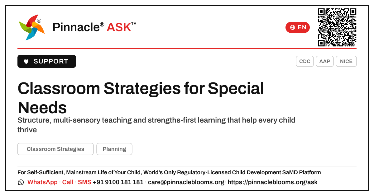 Classroom Strategies for Children With Special Needs — Pinnacle Ask answer card with a short explanation and QR link