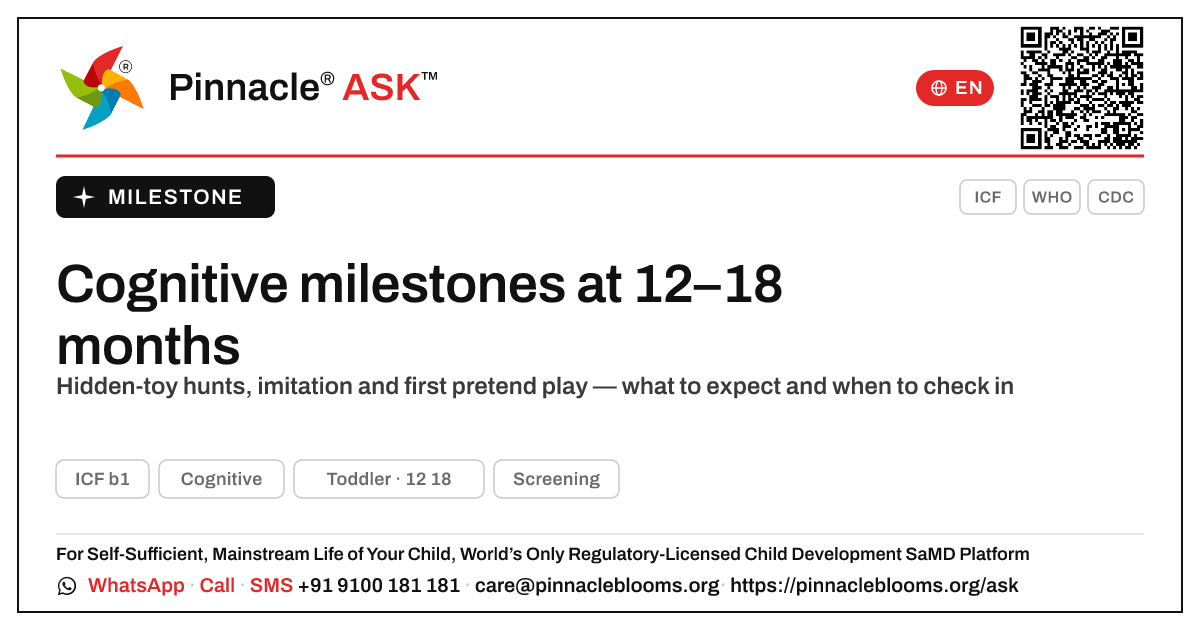 Cognitive milestones for your 12-to-18-month-old — Pinnacle Ask answer card with a short explanation and QR link
