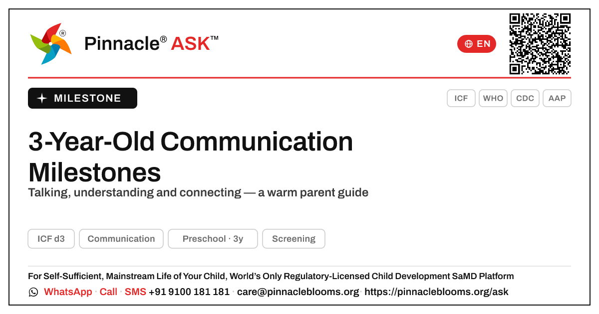 What Communication milestones should my 3-year-old have reached? — Pinnacle Ask answer card with a short explanation and QR link