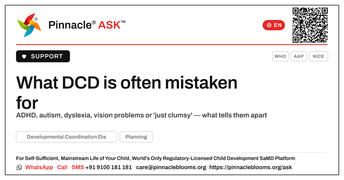 What conditions can DCD be mistaken for? — Pinnacle Ask answer card with a short explanation and QR link