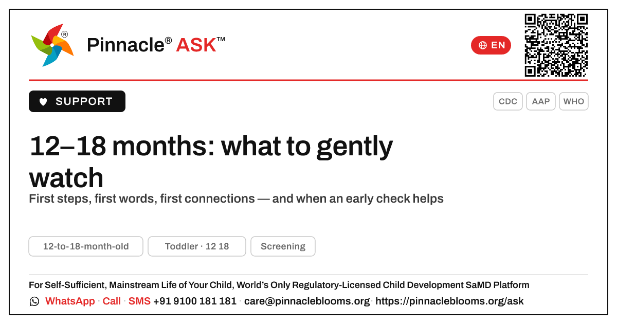 What developmental concerns are common in a 12-to-18-month-old? — Pinnacle Ask answer card with a short explanation and QR link