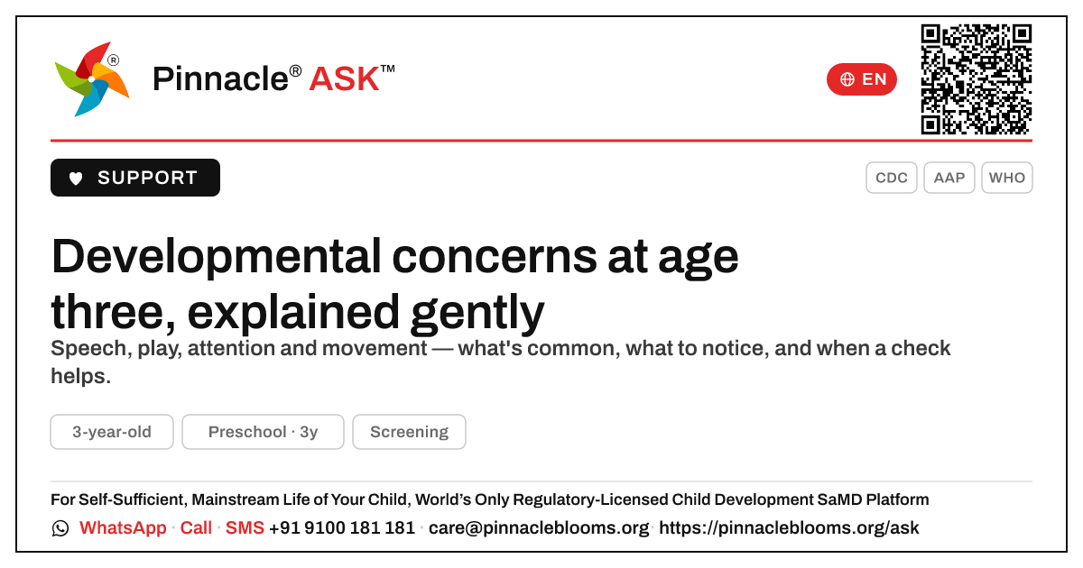 What developmental concerns are common in a 3-year-old? — Pinnacle Ask answer card with a short explanation and QR link