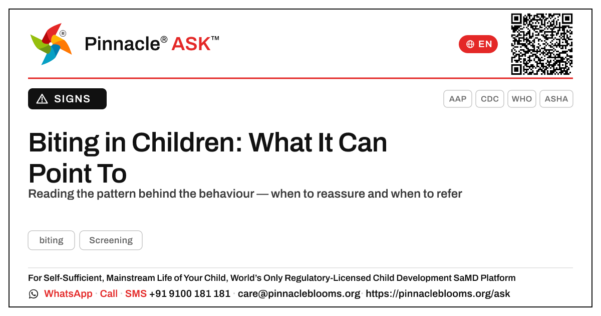 What developmental conditions can biting in a child point to? — Pinnacle Ask answer card with a short explanation and QR link