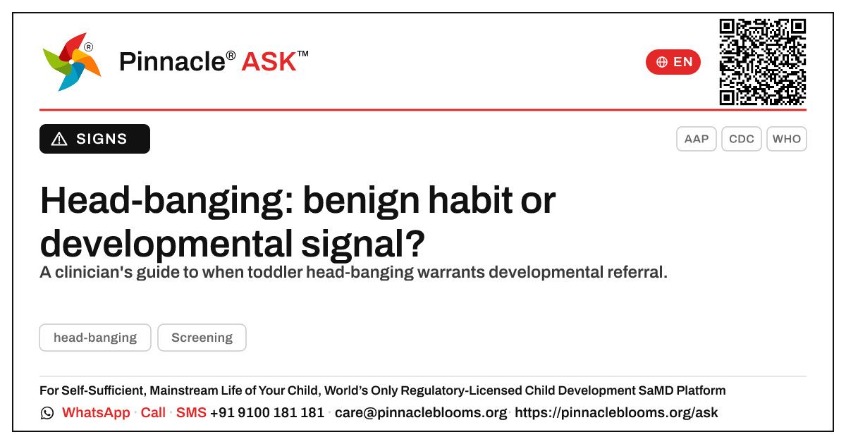 Developmental conditions head-banging can point to — Pinnacle Ask answer card with a short explanation and QR link