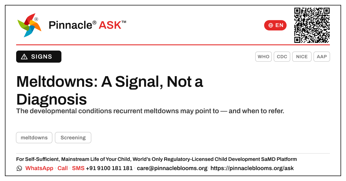 What Developmental Conditions Can Meltdowns Point To? — Pinnacle Ask answer card with a short explanation and QR link