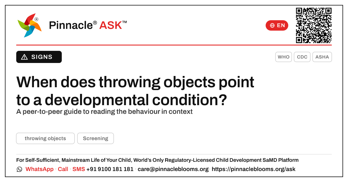 What developmental conditions can throwing objects point to? — Pinnacle Ask answer card with a short explanation and QR link
