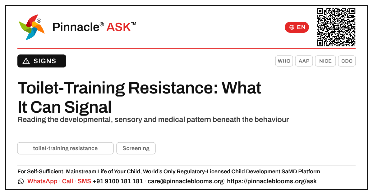 Toilet-Training Resistance as a Developmental Signal — Pinnacle Ask answer card with a short explanation and QR link