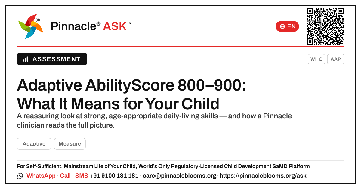 What an Adaptive AbilityScore of 800–900 means for your child — Pinnacle Ask answer card with a short explanation and QR link