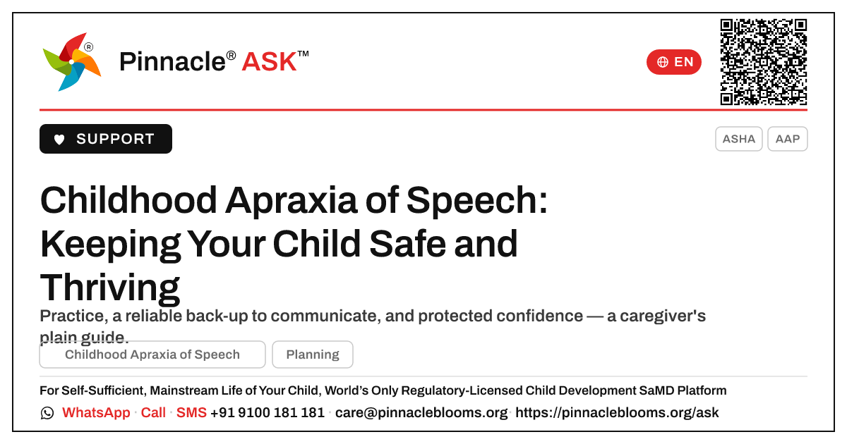 What a Caregiver Needs to Know About Childhood Apraxia of Speech — Pinnacle Ask answer card with a short explanation and QR link