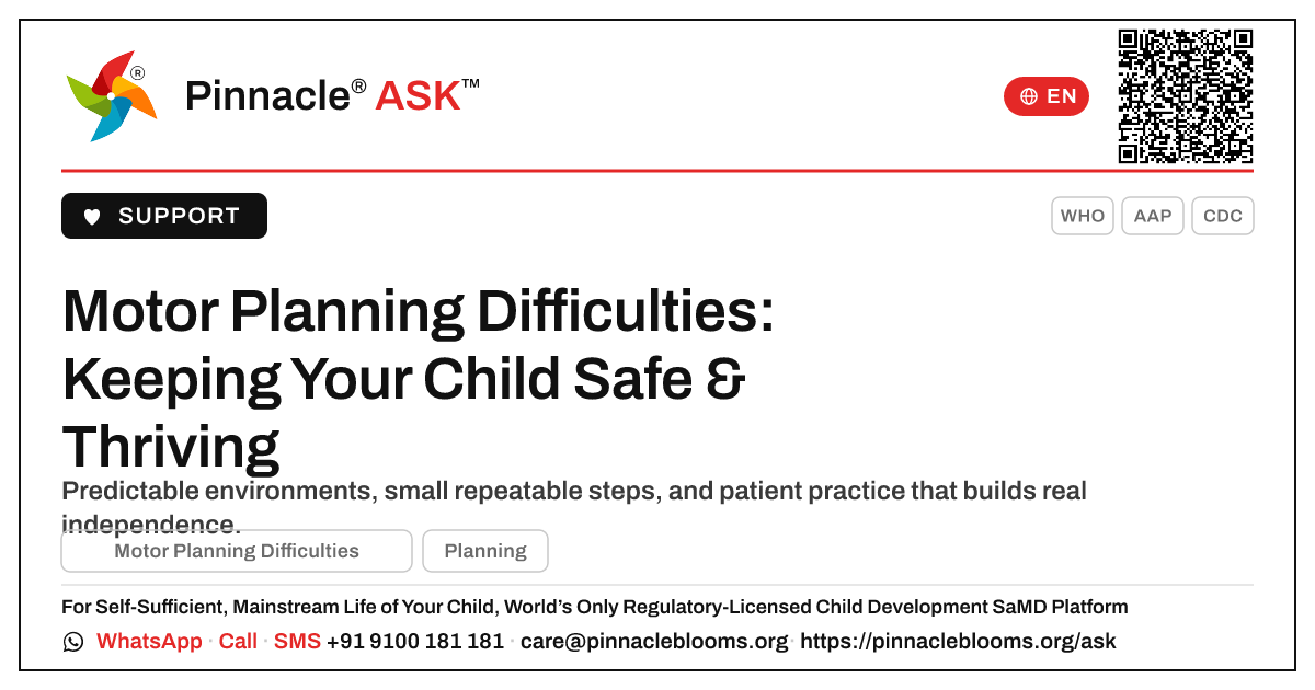 What a Caregiver Needs to Know: Motor Planning Difficulties — Pinnacle Ask answer card with a short explanation and QR link