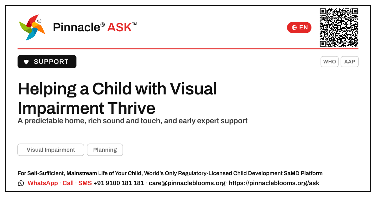 What a Caregiver Needs to Know for a Child with Visual Impairment — Pinnacle Ask answer card with a short explanation and QR link