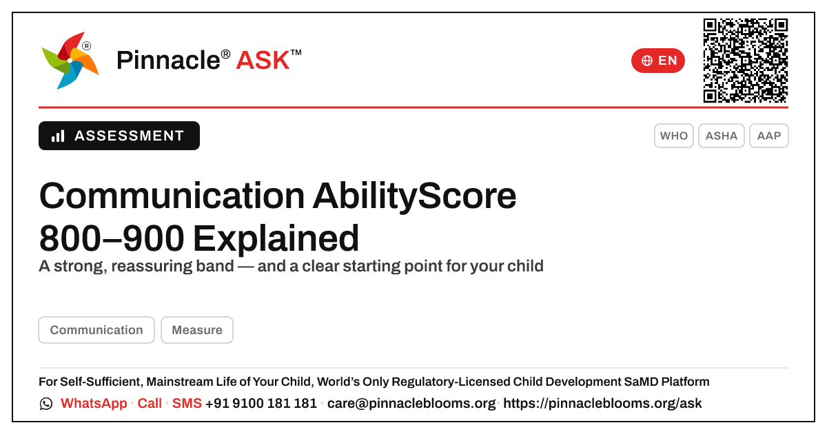 What a Communication AbilityScore of 800–900 Means for Your Child — Pinnacle Ask answer card with a short explanation and QR link