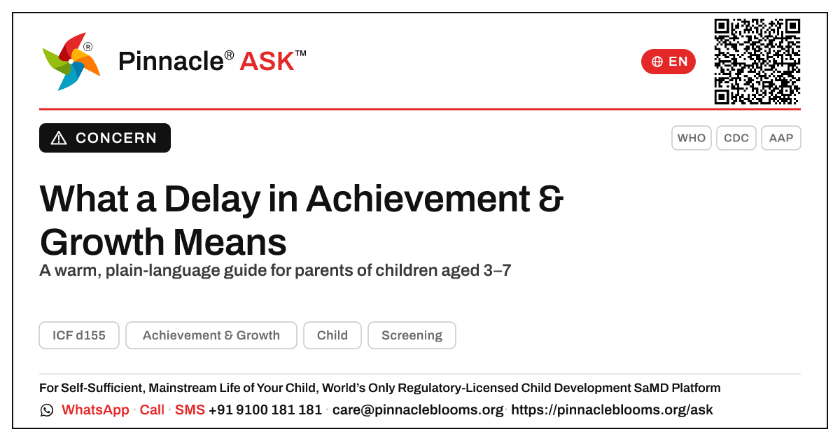 What Does a Delay in Achievement & Growth Mean for My Child? — Pinnacle Ask answer card with a short explanation and QR link