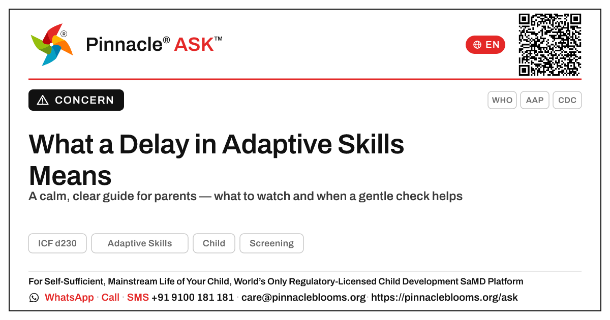 What Does a Delay in Adaptive Skills Mean for My Child? — Pinnacle Ask answer card with a short explanation and QR link