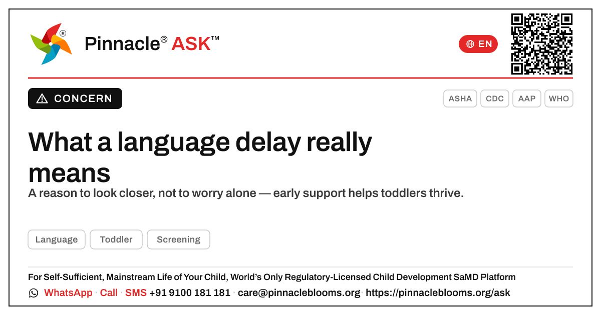 What does a delay in Language mean for my child? — Pinnacle Ask answer card with a short explanation and QR link