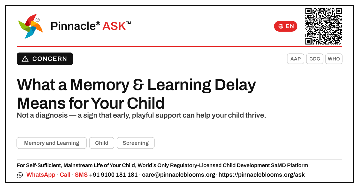 What does a delay in Memory and Learning mean for my child? — Pinnacle Ask answer card with a short explanation and QR link