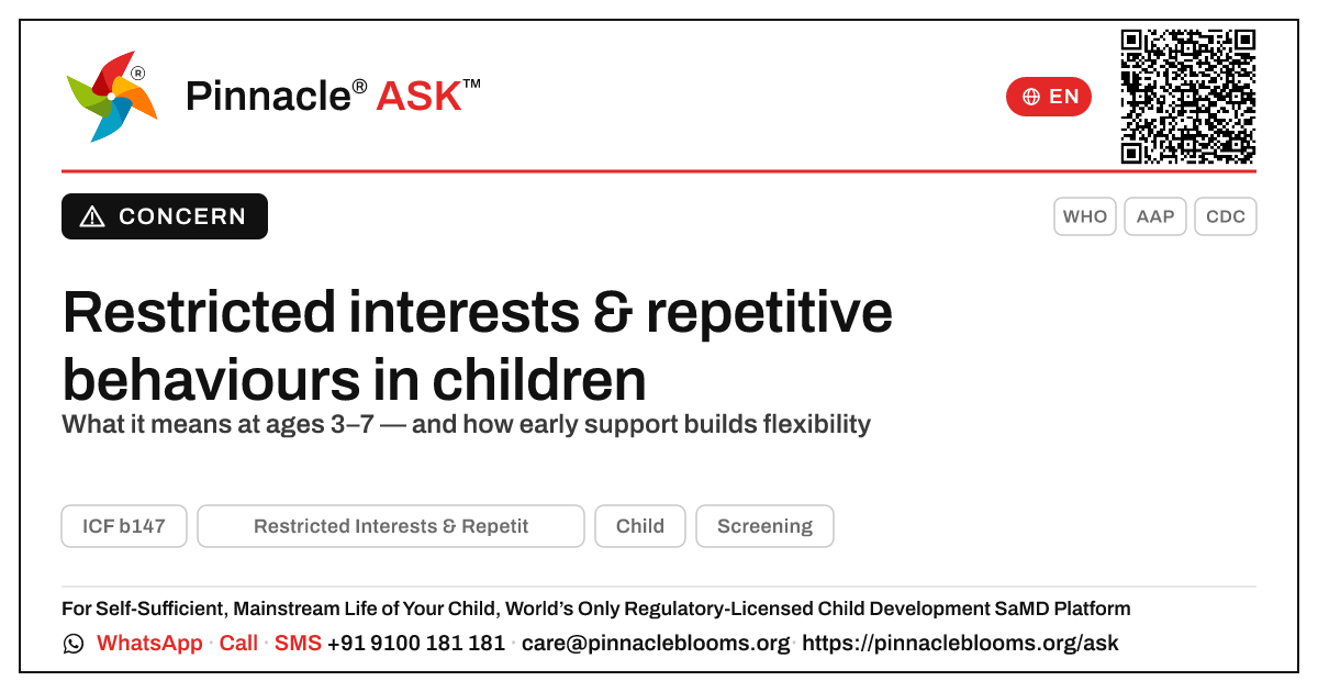 What a delay in restricted interests & repetitive behaviours means for your child — Pinnacle Ask answer card with a short explanation and QR link