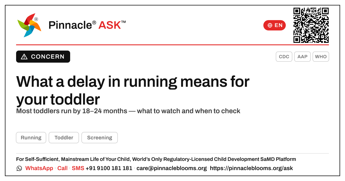 What does a delay in Running mean for my child? — Pinnacle Ask answer card with a short explanation and QR link