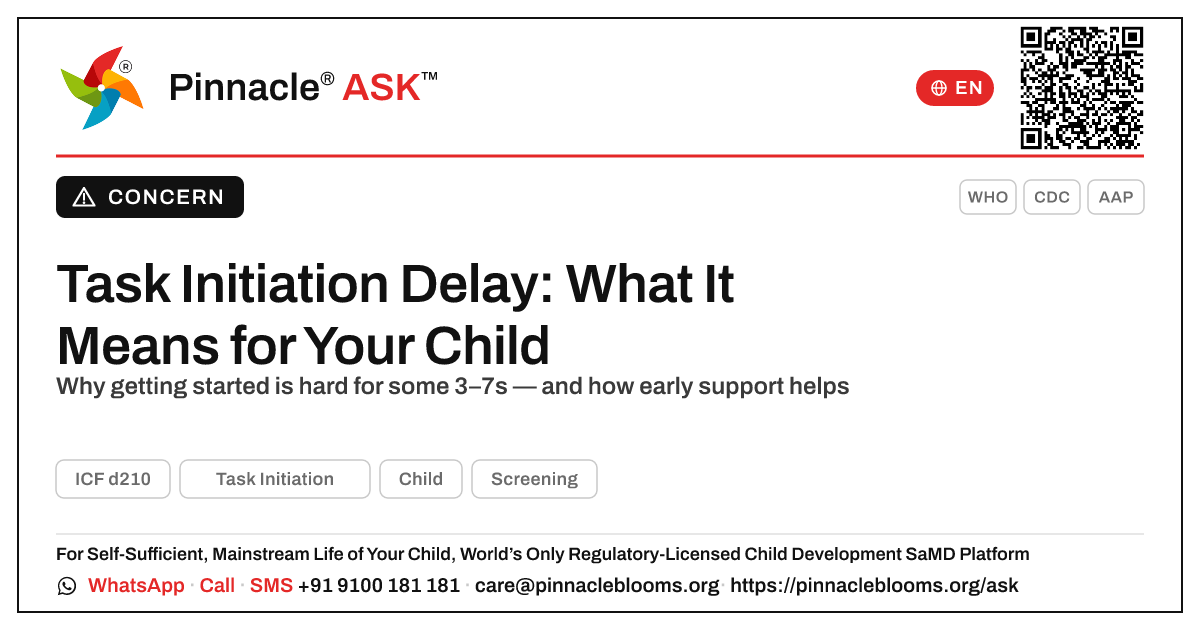 What does a delay in Task Initiation mean for my child? — Pinnacle Ask answer card with a short explanation and QR link