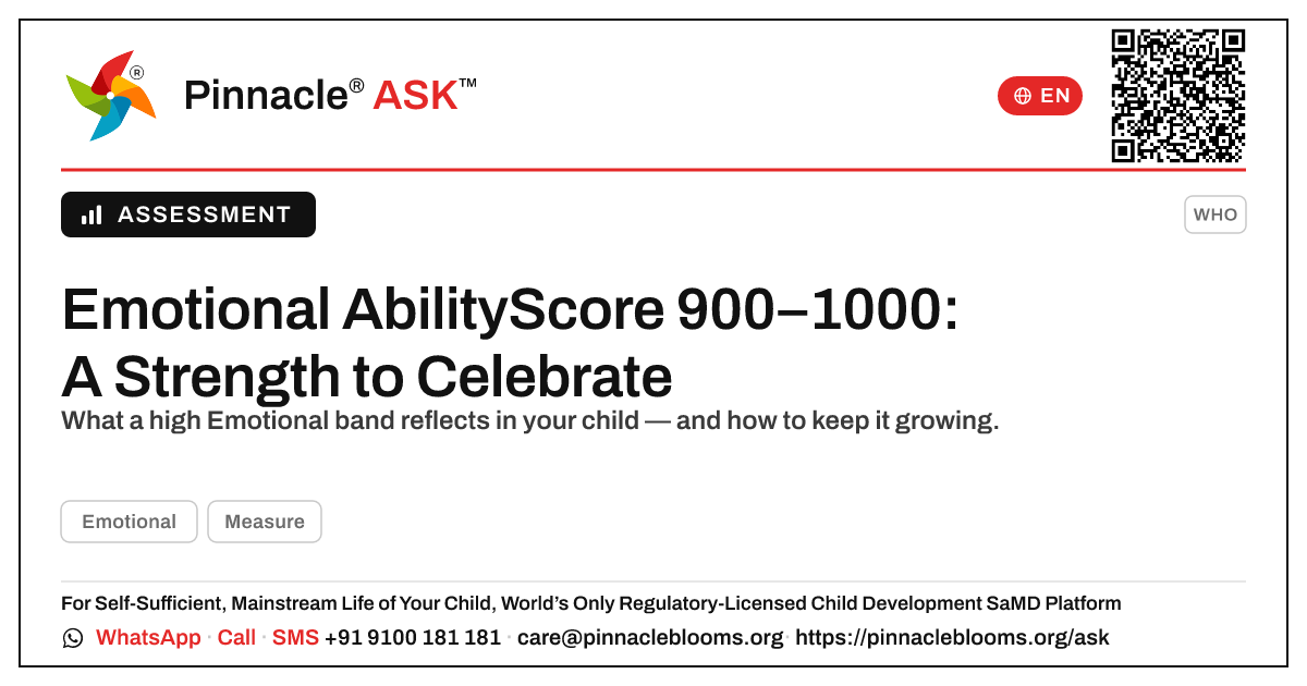 Emotional AbilityScore 900–1000 Band Explained — Pinnacle Ask answer card with a short explanation and QR link
