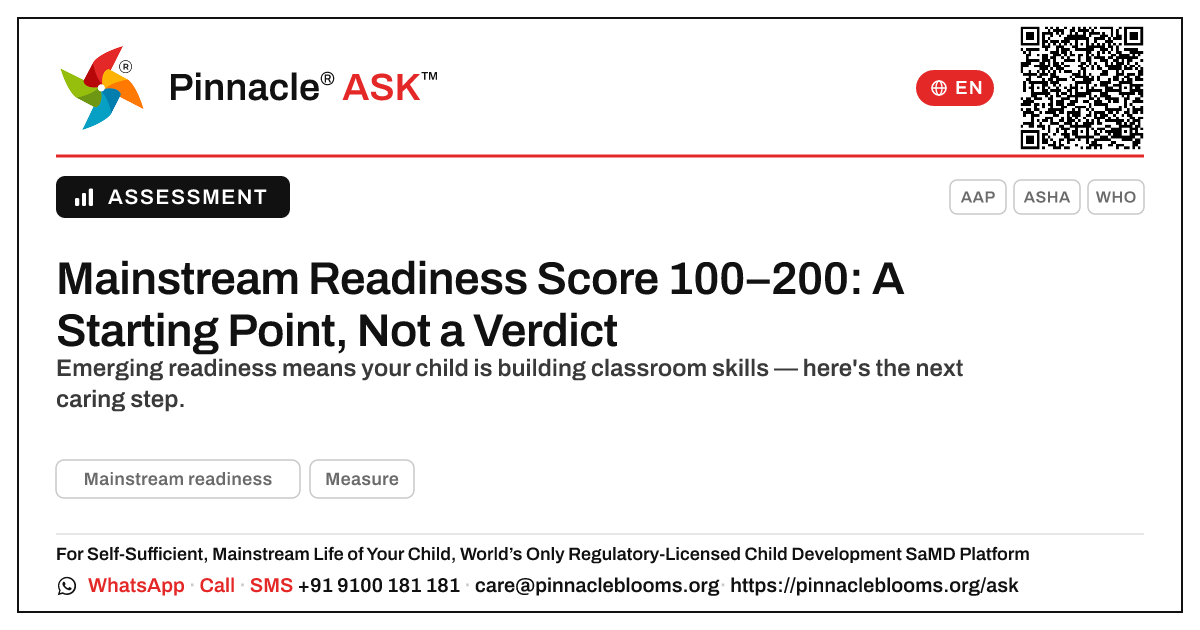 What a Mainstream Readiness AbilityScore of 100–200 Means for Your Child — Pinnacle Ask answer card with a short explanation and QR link