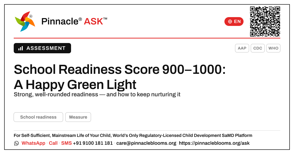 What a School Readiness AbilityScore of 900–1000 Means — Pinnacle Ask answer card with a short explanation and QR link