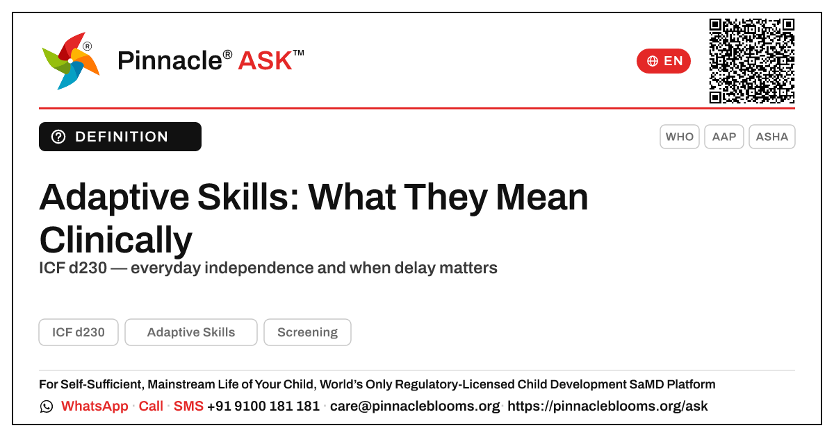 Adaptive Skills: Developmental Meaning and Clinical Significance — Pinnacle Ask answer card with a short explanation and QR link