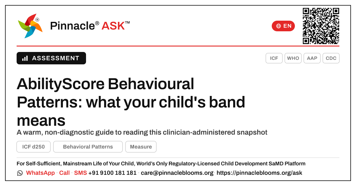 What an AbilityScore band in Behavioural Patterns means for your child — Pinnacle Ask answer card with a short explanation and QR link