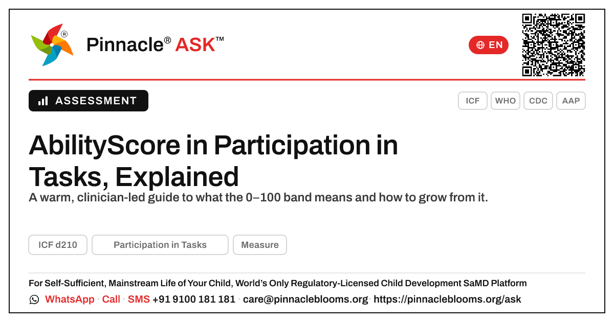 What an AbilityScore in Participation in Tasks Means for Your Child — Pinnacle Ask answer card with a short explanation and QR link