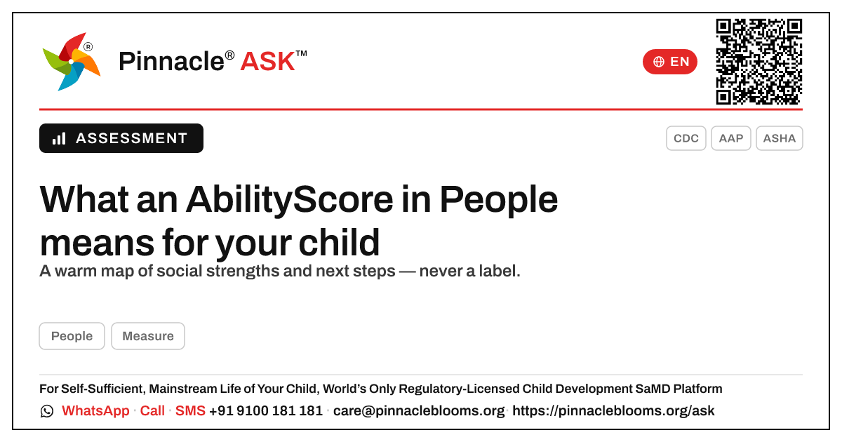 What does an AbilityScore of 0–100 in People mean for my child? — Pinnacle Ask answer card with a short explanation and QR link